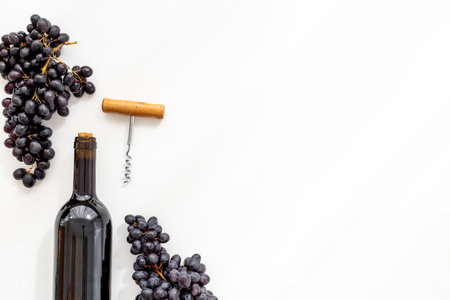 Bottle of wine with corkscrew and grapes. Wine background.の写真素材