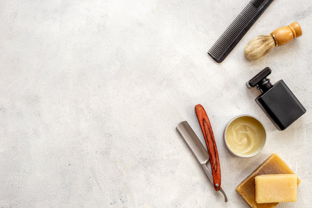 Set of shaving tools and cosmetic products in barbershop.の写真素材