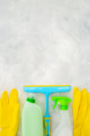 Household equipment set for cleaning. Sponge, floor cloth and cleaning gel top view.
