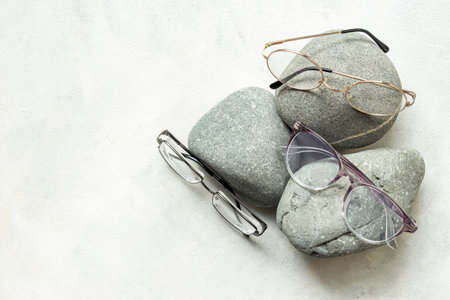 Eyesight and vision concept with different glasses,top view.の写真素材