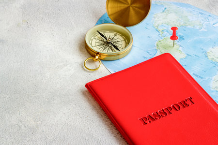 Passport and world map for vacation trip. Travel concept.の写真素材