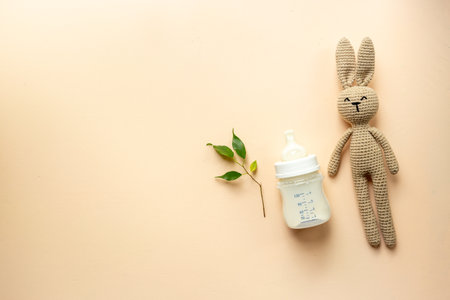 Baby kids food and toy. Milk in bottle with child accessories, top view.の写真素材