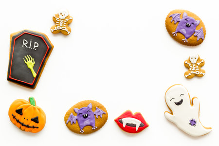 Sweets for Halloween party. Funny gingerbread biscuits top view.の写真素材
