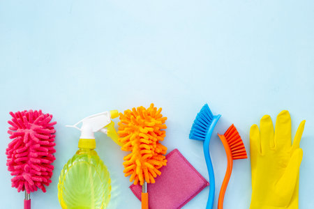Frame background for cleaning concept. House cleaning supplies and products.の写真素材