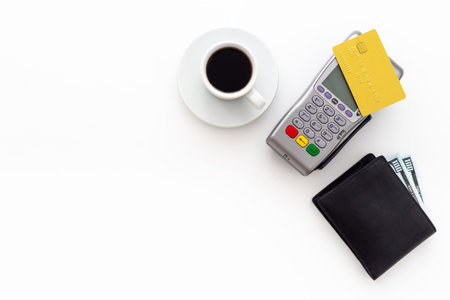Pos bank terminal for payment by credit card with wallet and cash. Concept of choosing payment...