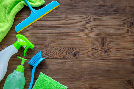 Household equipment set for cleaning. Sponge, floor cloth and cleaning gel top view.