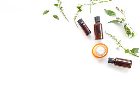 Organic cosmetics with essential oils and extract of medicinal herbs, top view.の写真素材