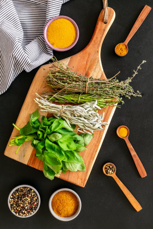 Variety of spices and green herbs for cooking, top view.の写真素材