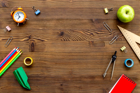 Frame of stationery and school supplies on student desk, top view. Education conceptの写真素材