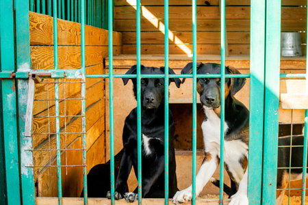 Abandoned dog behind bars in animal shelter. Rescue animals concept.