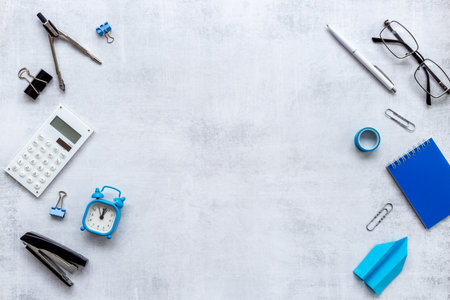 Frame of school supplies and stationery, top view. Education concept.