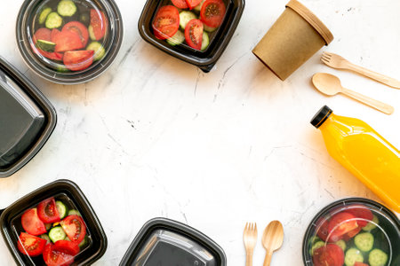 Takeaway food - tomatoes salad in catering boxes, top view. Food delivery conceptの写真素材