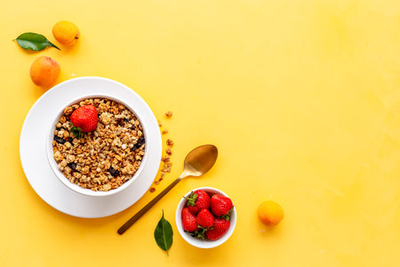 Bowl with oatmeal granola and ingredients - apricots and strawberry. Top view.の写真素材