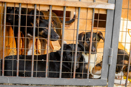 Abandoned dog behind bars in animal shelter. Rescue animals concept.の写真素材