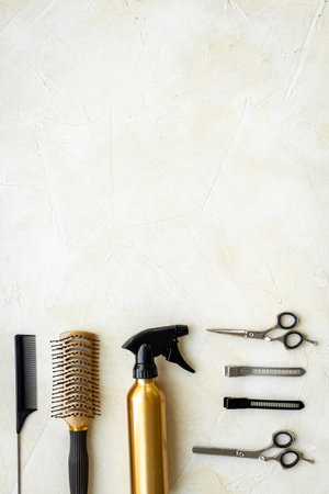 Beauty concept. Hairdresser and barber accessories and tools, top view.の写真素材
