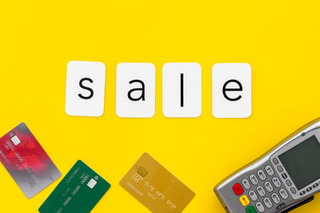 Sales sing with POS payment terminal and credit cards, top view. Online shopping concept.