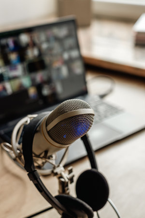 Microphone on the air with filter for video conference calling on laptop computer.の写真素材