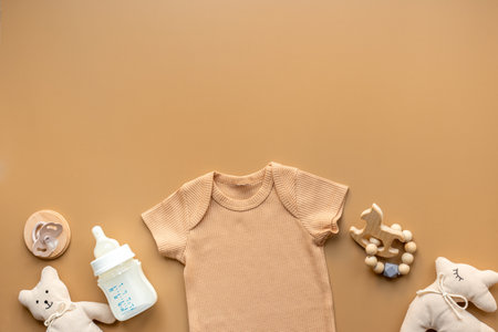 Flat lay with cotton baby cloth and milk bottle. Eco friendly newborn accessories, top view.の写真素材