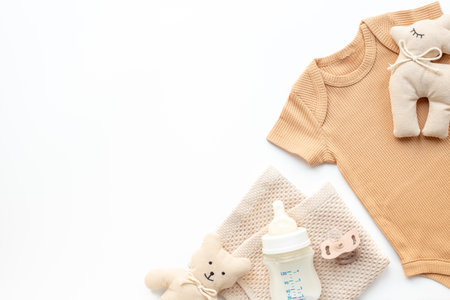 Flat lay with eco friendly baby accessories and bottle with milk. Zero waste background.の写真素材