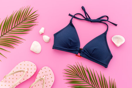 Top view of summer vacation beach accessories and clothes. Tropical background.の写真素材