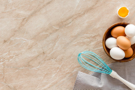 Chicken eggs on cooking table, top view. Food pattern. Easter background.の写真素材
