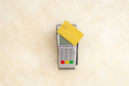 Bank payment terminal for contactless payment by credit cards, top view.