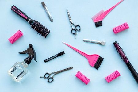 Pattern flat lay of hairdresser and barber tools and accessories, top view.の写真素材