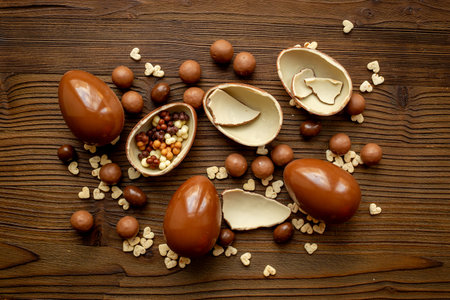 Chocolate background - various chocolate eggs and candies, top view.の写真素材