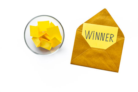 Raffle tickets and winner paper with glass jar. Luck and lottery concept.の写真素材