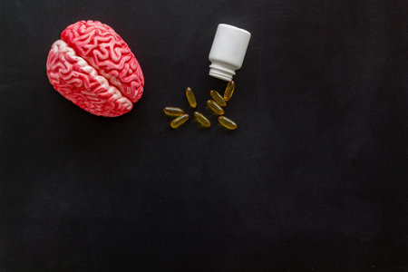 Human brain model with medical pills and patches, top view. Mental health conceptの写真素材