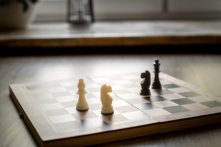 White chess knight pieces and other pieces on chessboard during the game.