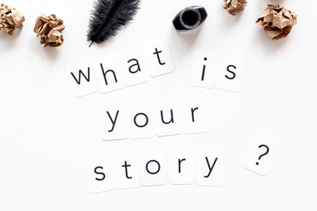 Lumps paper drafts with inkwell and pen. Writer or blogger workspace, top view.の写真素材