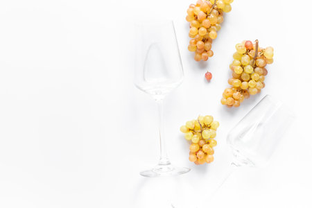 Two glasses of white wine and yellow grapes brunches, top view.の写真素材