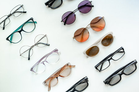 Set with different eyeglasses with lenses. Eye care concept.