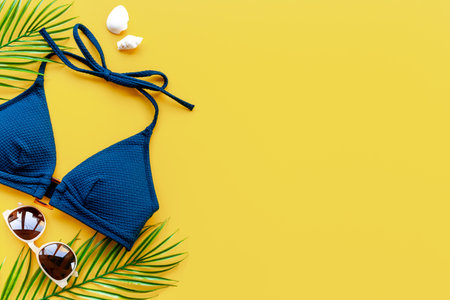 Summer beach tropical flat lay with bikini swimsuit and green leaves, top view.の写真素材
