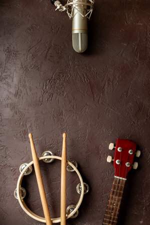 Recording music in a studio. Musical instruments for band - small guitar, drumsticks and tambourine - with studio microphone.の写真素材