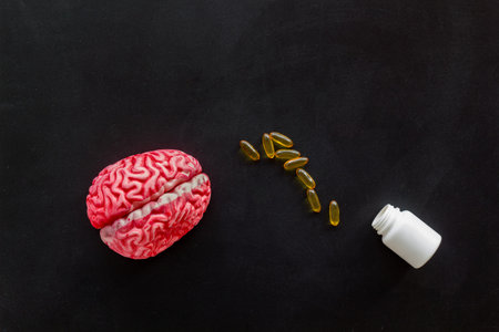 Human brain model with medical pills and patches, top view. Mental health conceptの写真素材