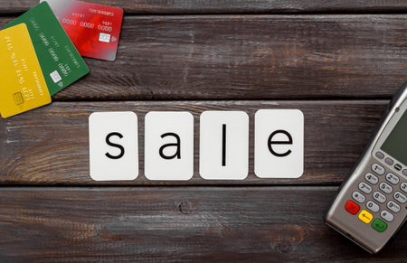 Sales sing with POS payment terminal and credit cards, top view. Online shopping concept.