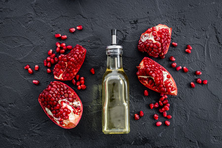 Glass bottle of pomegranate seed oil in a glass bottle and fresh fruit on a table, top view.の写真素材