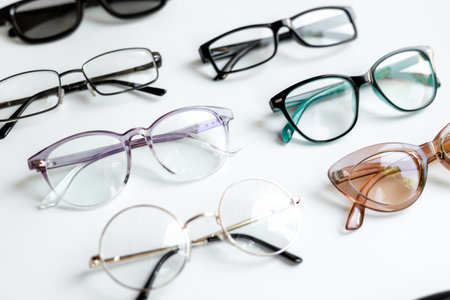 Set with different eyeglasses with lenses isolated on white background.の写真素材