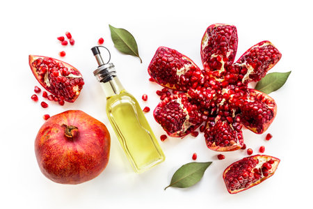 Pomegranate seed oil in a glass bottle and fresh fruit on a table, top view.の写真素材