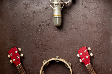 Musical instruments for band - small guitar, drumsticks and tambourine with studio microphone....
