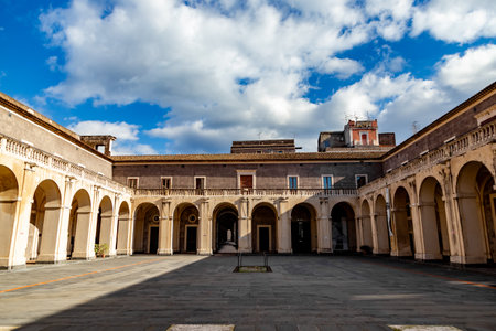 Realistic view of historical streets of Catania, Sicily, facade of old buildings.の写真素材