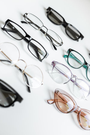 Set with different eyeglasses with lenses isolated on white background.の写真素材