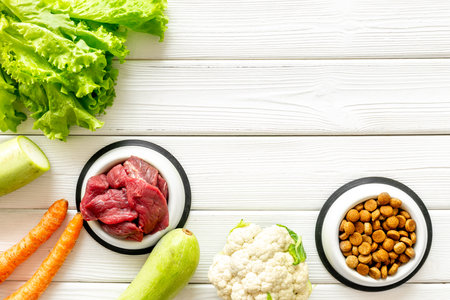 Dry and natural pet food with ingredients. Meat with vegetables - zucchini, carrots and greens.の写真素材