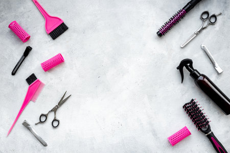 Hairdresser accessories and tools - combs and scissors, top view.の写真素材
