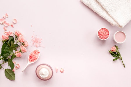Beauty routine concept - skin care cosmetic with roses essential oil, top viewの写真素材