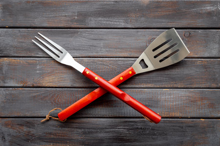 Steel barbecue and grill tools, top view. Equipment for picnicの写真素材