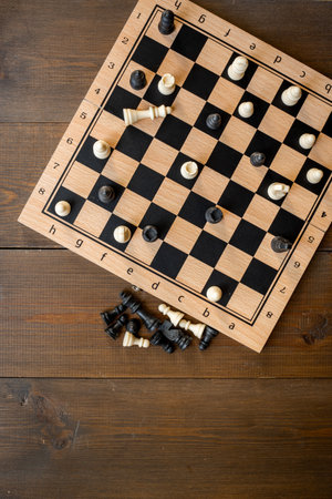 Top view of chess pieces and chessboard during the game.の写真素材