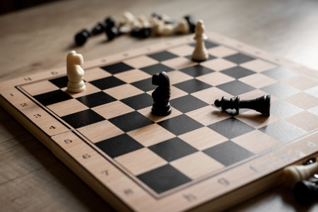 White and black chess pieces on chessboard during the game, close up.の写真素材